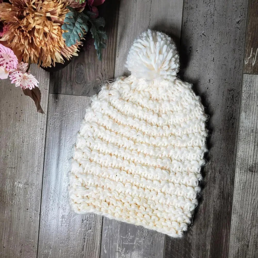 Handmade Crocheted Ivory Knit Pom Pom Beanie Winter Hat with Metallic Detail